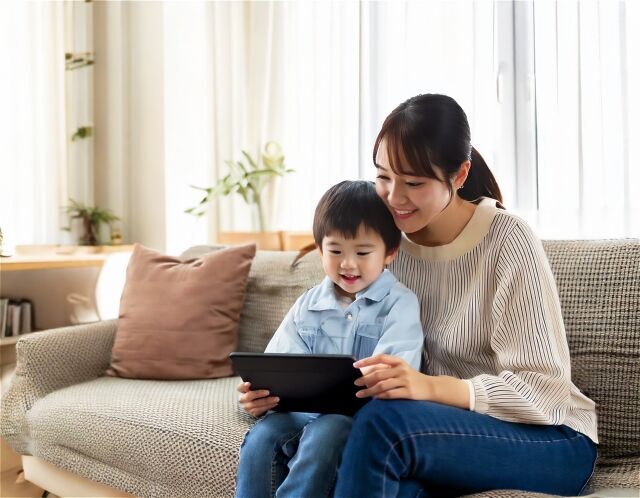 子供と一緒にタブレットを見ているママ