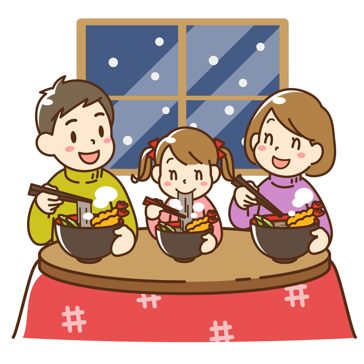 寒い時期におそばを食べる家族