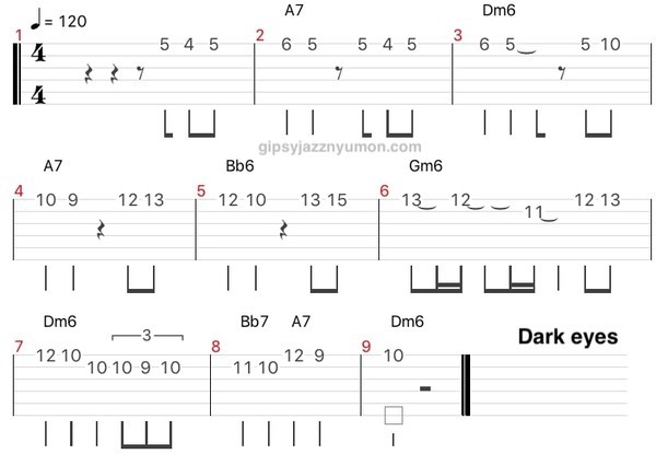 f:id:neyukix:20190602030459j:plain les yeux noirs sheet music/ダークアイズ のtab・メインメロディー・ソロのタブ