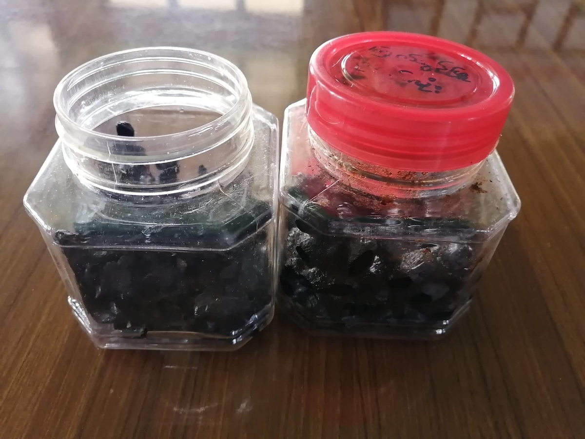 プラスチック容器2つの中に、黒ニンニクが入っている