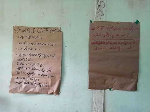 ミャンマー語が書いてある模造紙が壁に貼られている