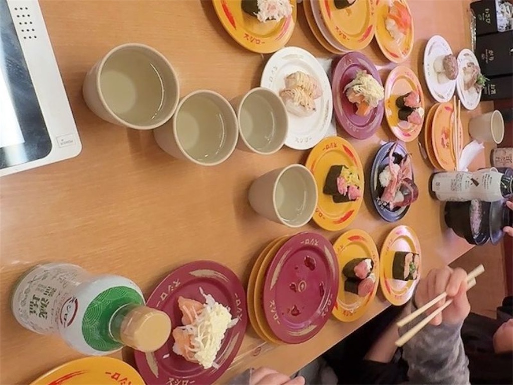 スシローでのお寿司のお皿がいっぱいテーブルに並ぶ写真