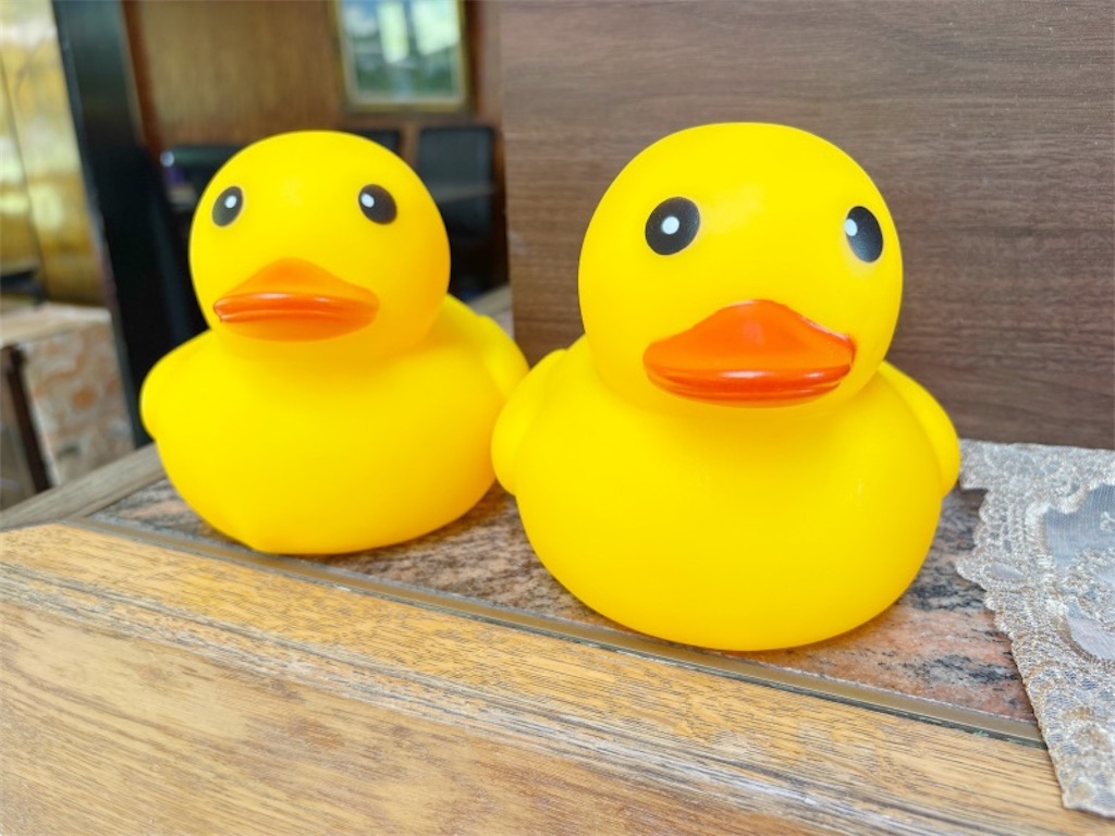 受付にあった大きなひよこ2匹の置物の写真