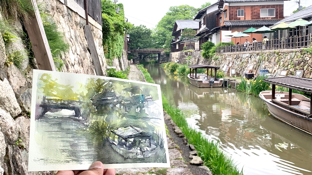 墨彩画　額入り　近江八幡・八幡堀 八幡堀のスケッチ - 維人の部屋