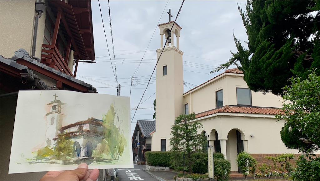 墨彩画　額入り　近江八幡・八幡堀 色あせた14年前の「八幡堀」写真 額装し近江八幡市に再寄贈