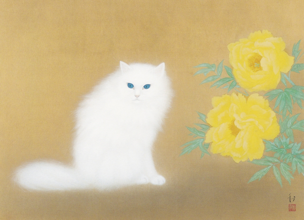 前本利彦、【椿下白猫】、希少画集画、新品高級額 額装付、状態良好 前本利彦、【椿下白猫】、希少画集画、新品高級額 額装付、状態