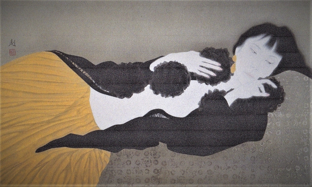 前本利彦 夕の月 日本画 人物画 共シール 女性像 美人画 原画 絵画 真作保証 前本利彦 夕の月 日本画 人物画 共シール 女性像 美人画 原画 絵画 真