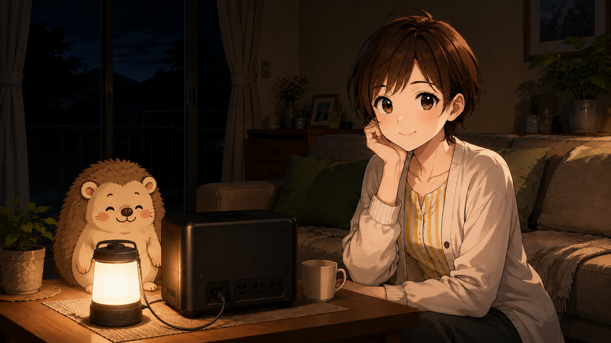 停電した夜の部屋と、灯りのついたポータブル電源