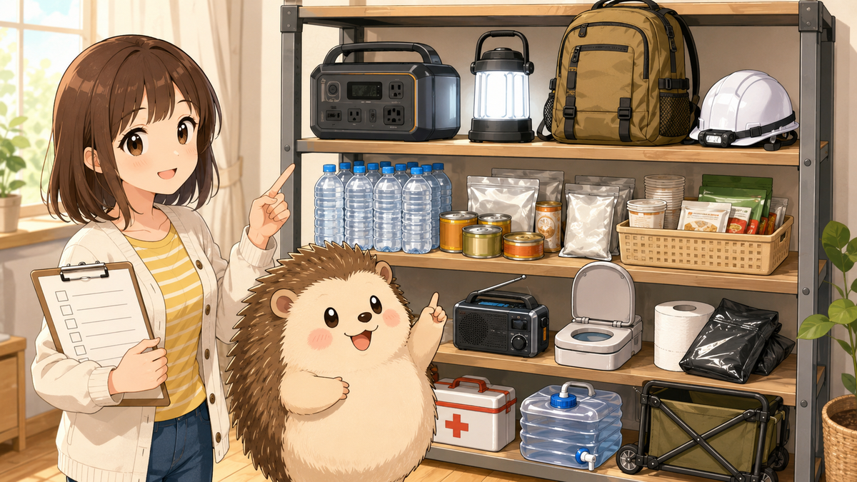 自宅の棚にまとめて備蓄された防災グッズ