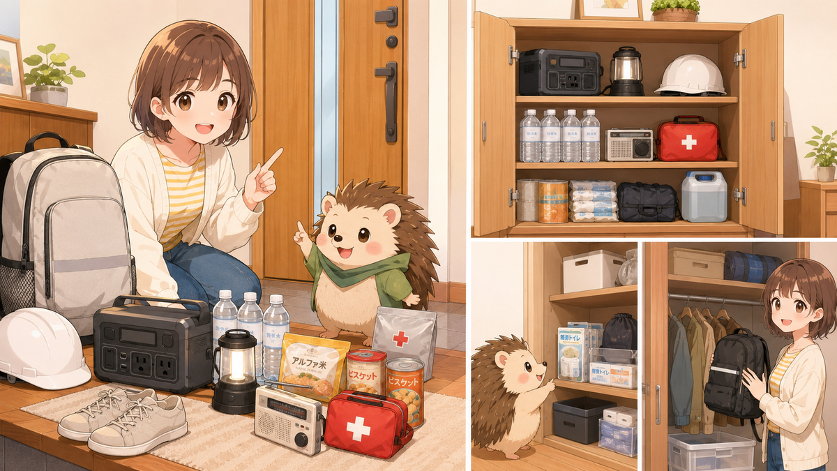 玄関やクローゼットに分散して保管された防災グッズのイメージ
