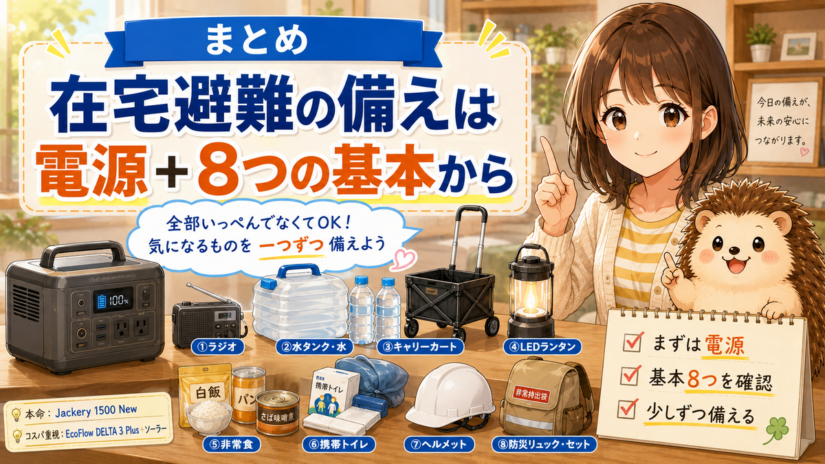 まとめ｜在宅避難の備えは「電源＋8つの基本」から