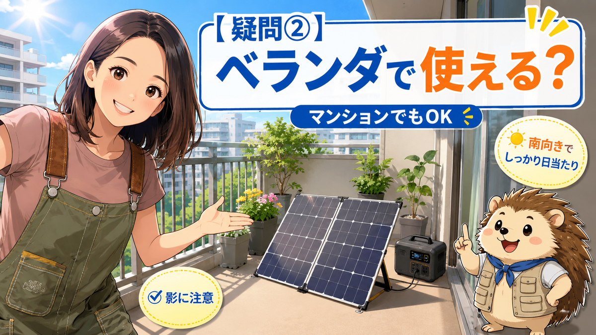 ベランダで南向きに設置したソーラーパネル