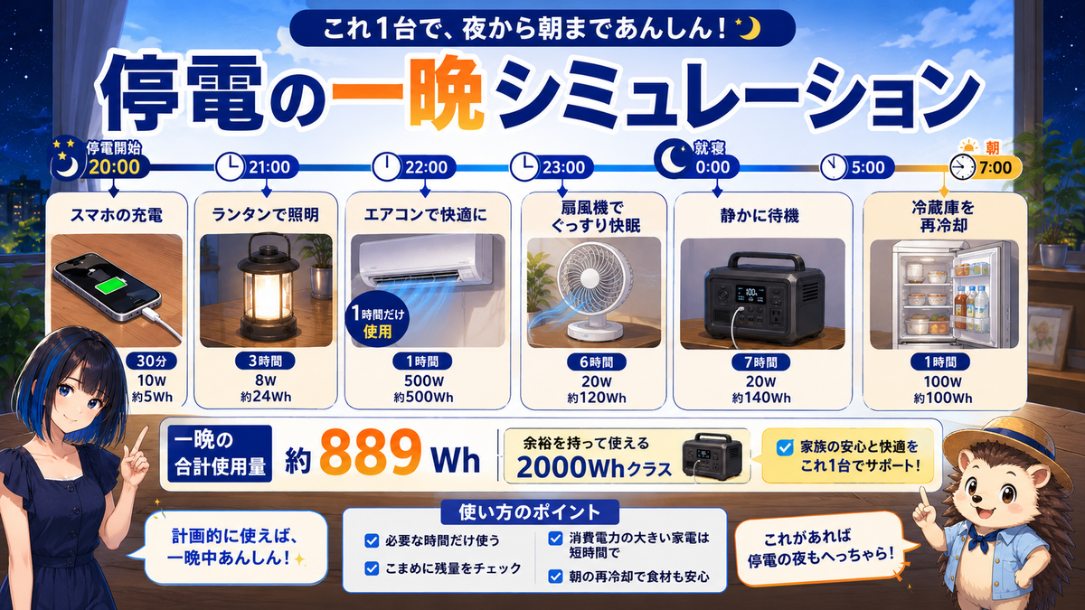 停電の一晩シミュレーション【2000Wh級のタイムライン】