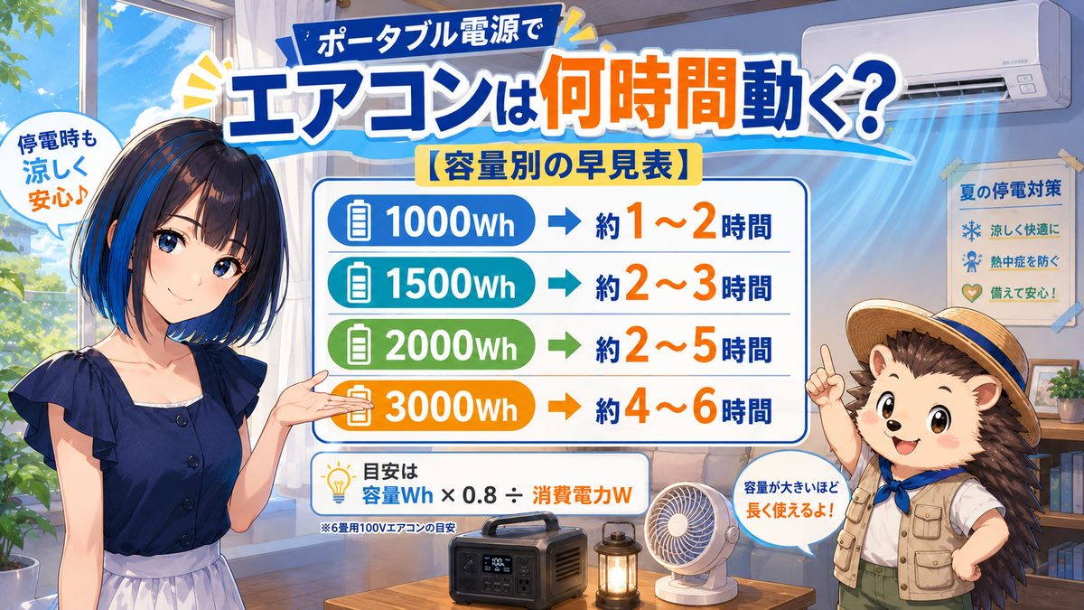 ポータブル電源でエアコンは何時間動く?【容量別の早見表】
