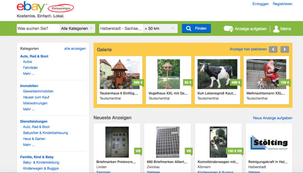 ドイツのebaykleinanzeigenサイトのトップ画面、見出し