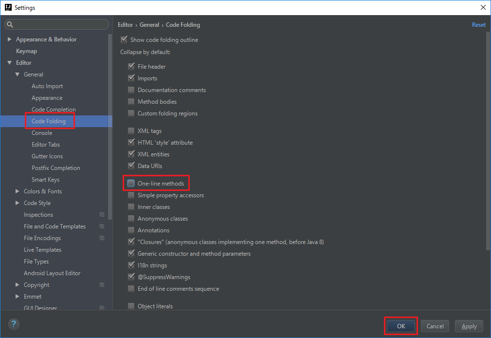 Intellij Idea 1行だけのメソッドを自動で折り畳まないようにする 覚えたら書く