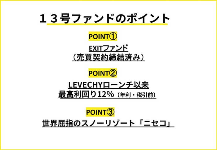 レベチー13号,投資のポイント