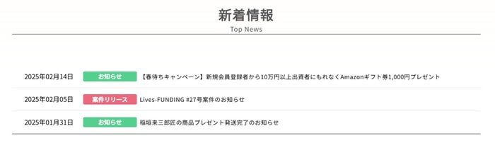 ライブズファンディング,最新キャンペーン