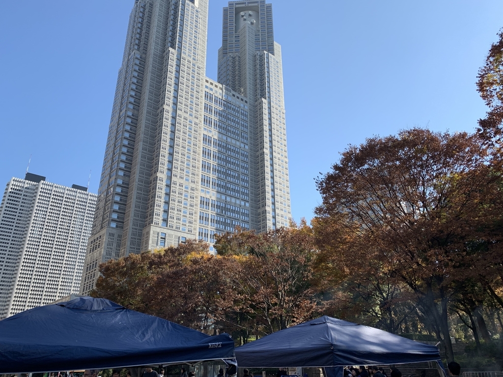 新宿中央公園でバーベキュー！「秋のソトメシフェア 手ぶらでBBQ」の時、水の広場から見えた都庁