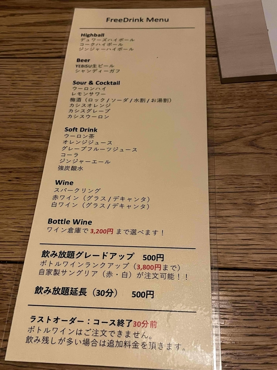 【西新宿七丁目】「肉ビストロ灯」飲み放題メニュー