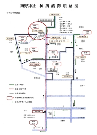 令和元年 西野神社 神輿渡御順路図