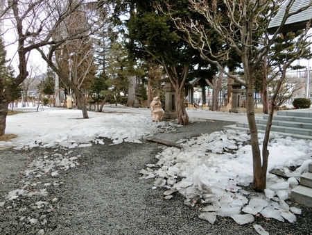 雪融けが進みつつある3月下旬の西野神社境内