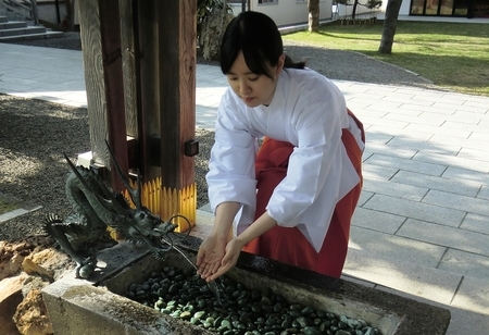 令和2年5月 手水を使用する巫女 (感染症対策のため柄杓は使用してお