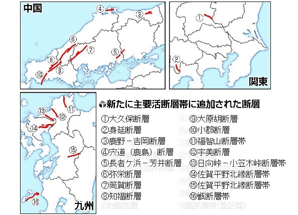 地震予知 新たに16の主要活断層帯を指定 活断層地震が危ないのは九州