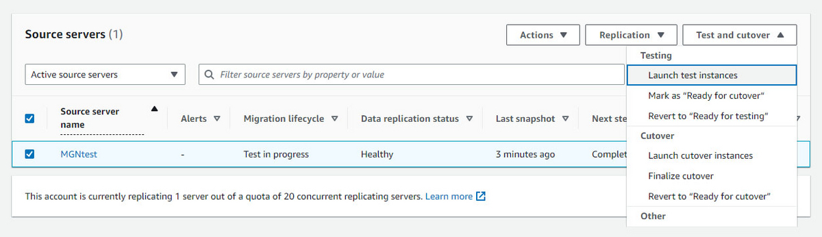 Launch test instances から テストサーバを起動 - AWS Application Migration Service （AWS MGN）の Post-launch custom actions を使った マルチアカウントマイグレーション