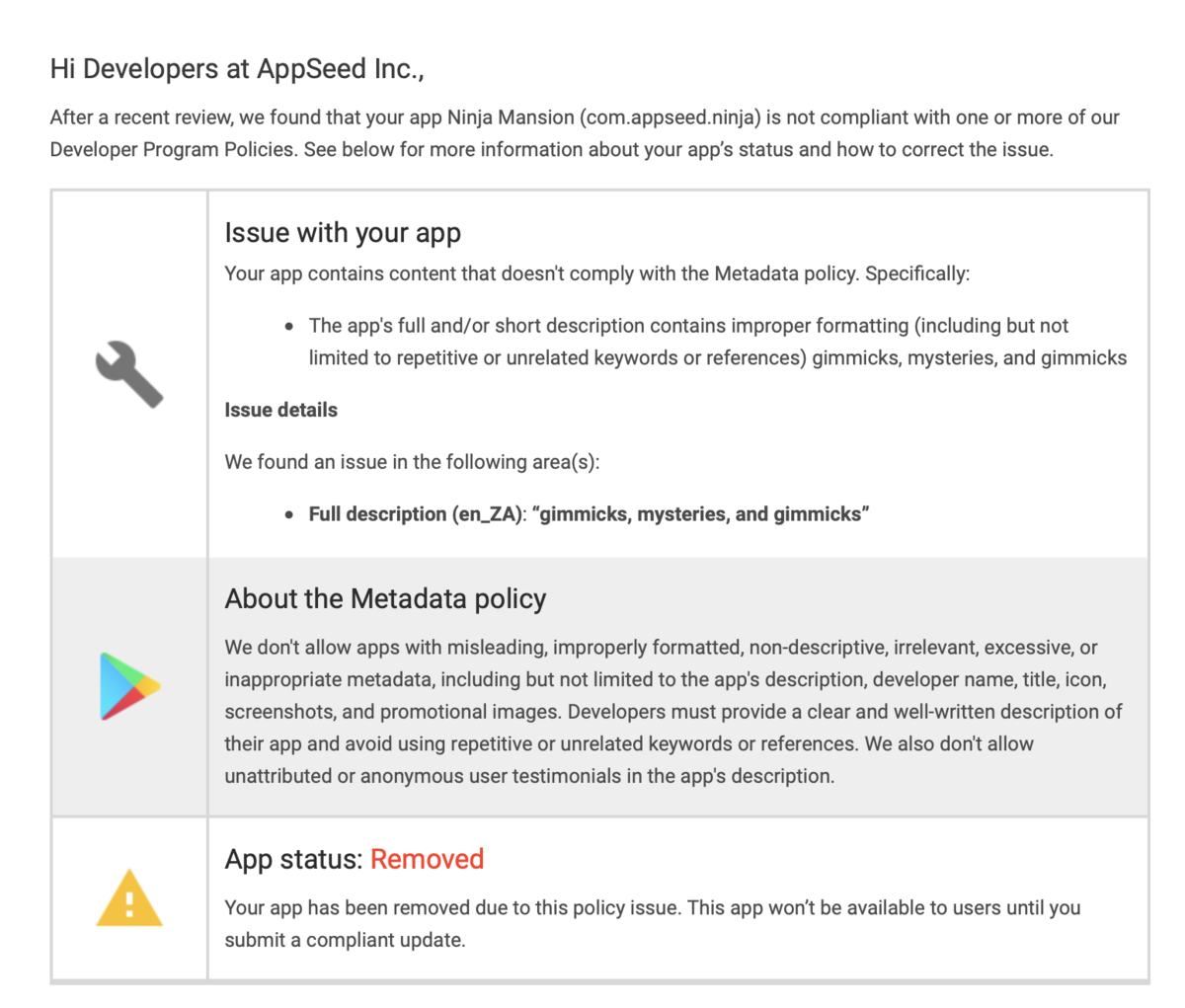 Google Playストアはアプリ説明文のポリシー違反だけでも即ストアから削除されるようになったっぽい