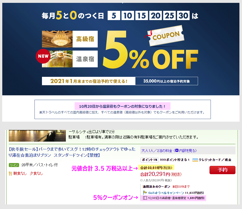 STEP２：次に併用クーポンを集める　温泉宿・高級宿5％オフクーポン（5と0のつく日）１