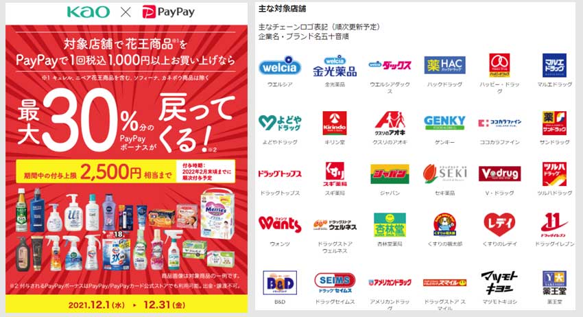 PayPayで花王製品1000円以上で30％還元(12/1～)