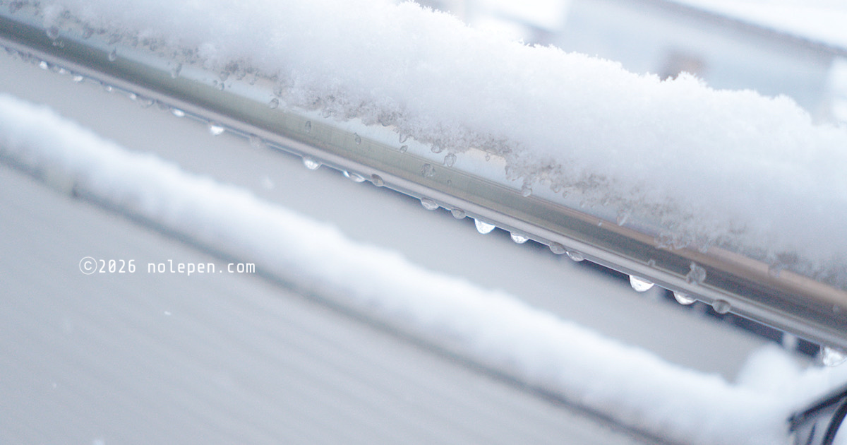 バルコニーの物干しざおにも雪が！