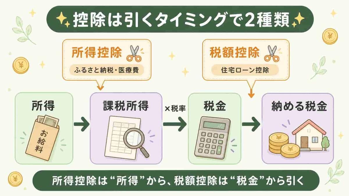 所得控除と税額控除のちがい・所得から引くか税金から直接引くかの図解