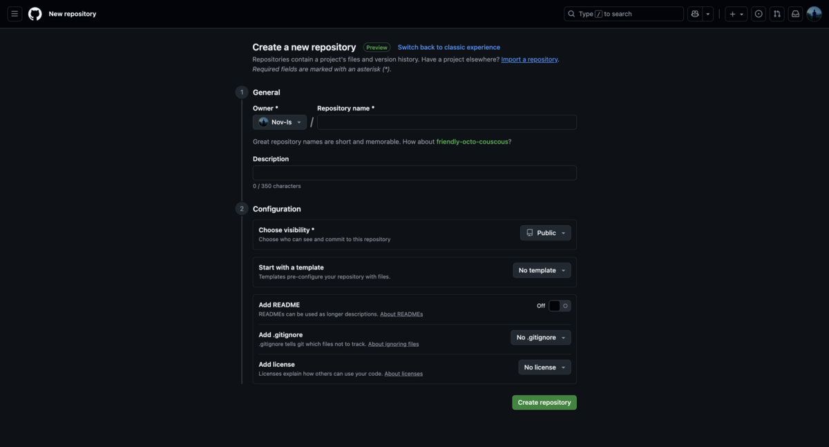 github リポジトリ作成画面