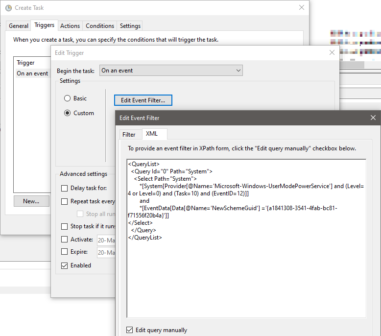 Create task - Triggers - On an event - Custom - Edit Event Filter... - XML
