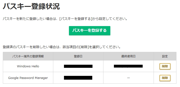 パスキー登録状況
