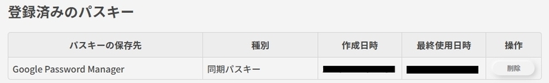登録済みパスキー画面SS