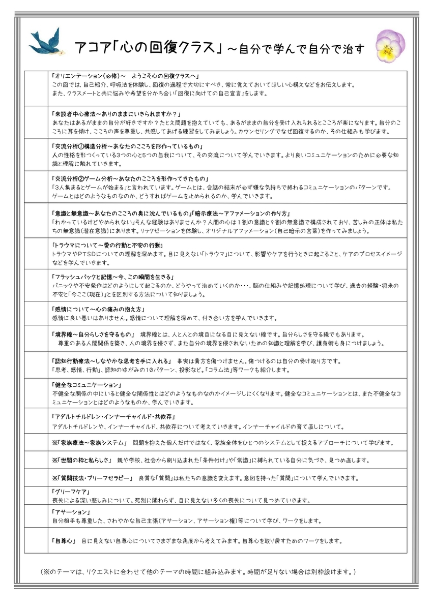アコア心の回復クラス 認知行動療法 参加者の感想 アコアのブログ