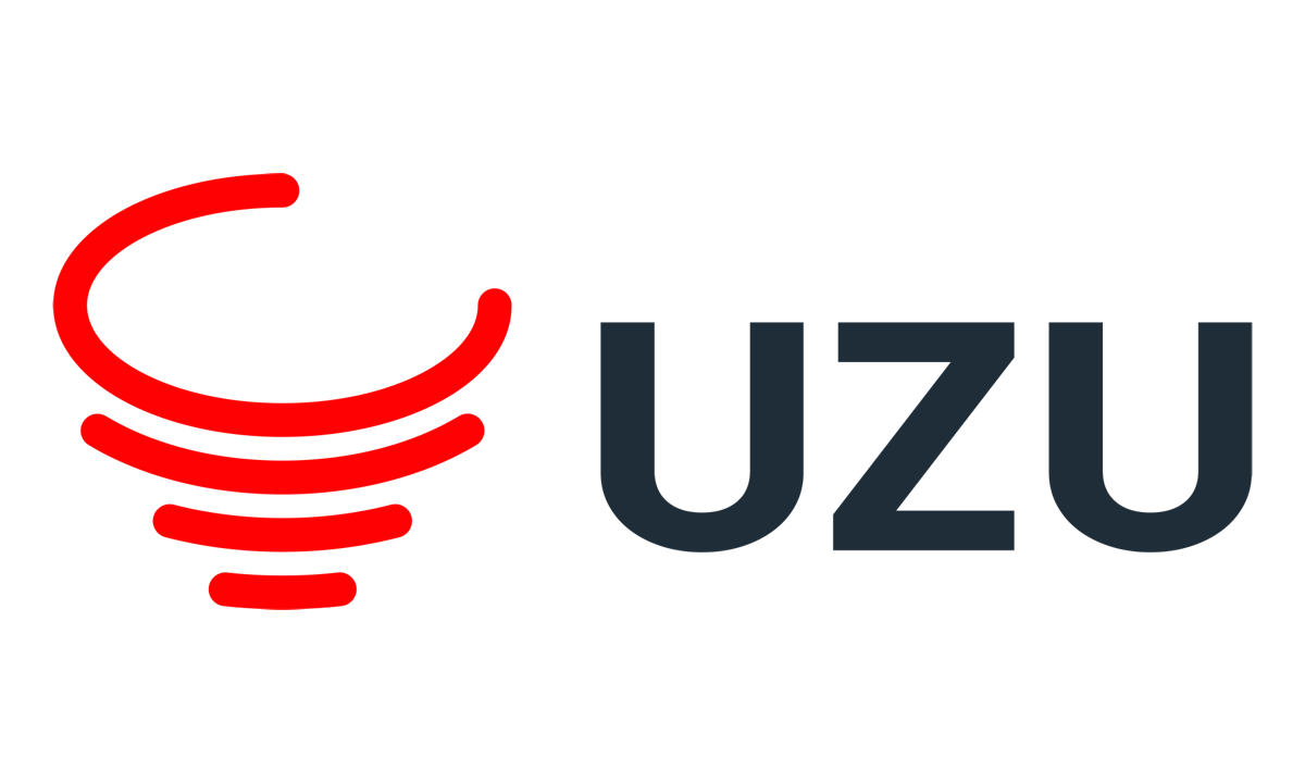 赤いロゴアイコンと濃い青のuzuという文字