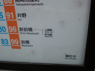 高崎線の停車駅・所要時間案内の写真。両毛線のローマ字表記が「Rōmō·Line」と書かれているが、正しくは「Ryōmō Line」である。