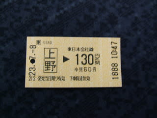 JR上野駅から130円のエドモンソン式乗車券の写真