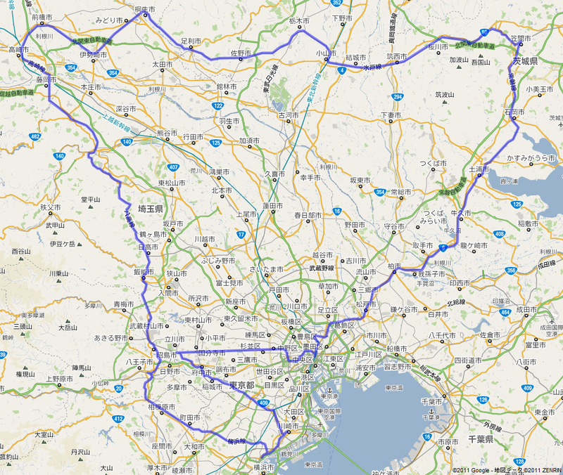 「130円 関東一周の旅」の旅程を Google Map の上に図示したもの
