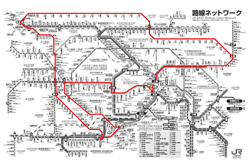 「130円 関東一周の旅」の旅程をJR東日本の「路線ネットワーク」の図の上に図示したもの