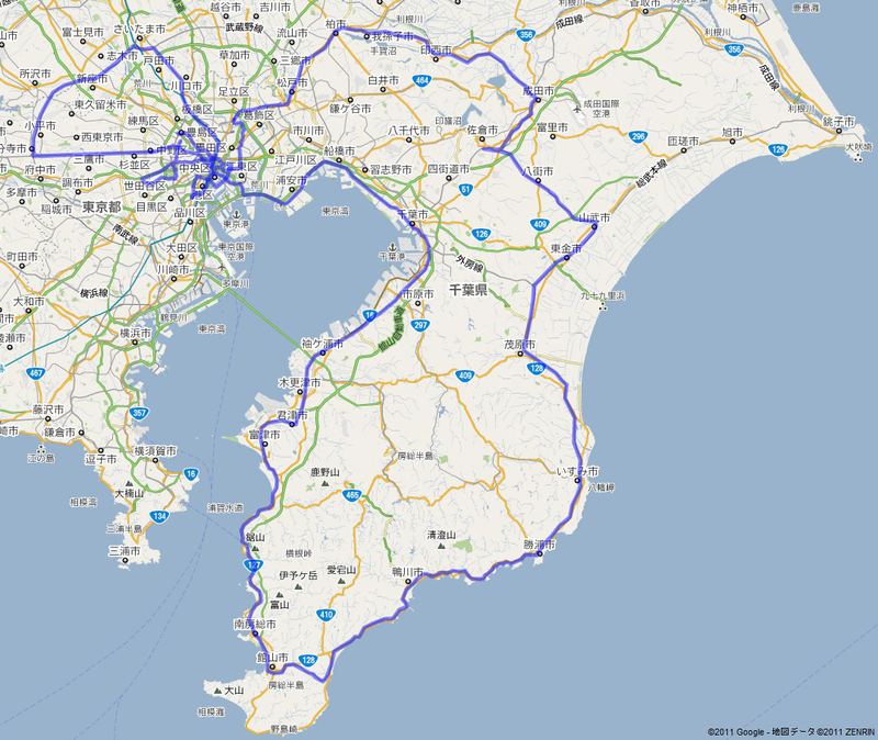 「190円 房総半島一周の旅」の旅程を Google Map の上に図示したもの