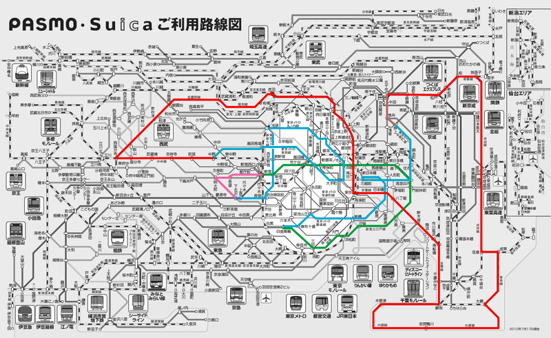 「190円 房総半島一周の旅」の旅程を「PASMO・Suica ご利用路線図」の上に図示したもの