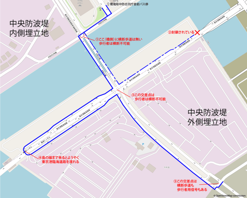 令和島への上陸方法を示した地図。中央防波堤内側埋立地から中防大橋西側を渡って中央防波堤外側埋立地に上陸し、中央防波堤外側埋立地西端で東京港臨海道路を横断すると令和島へ辿り着ける。