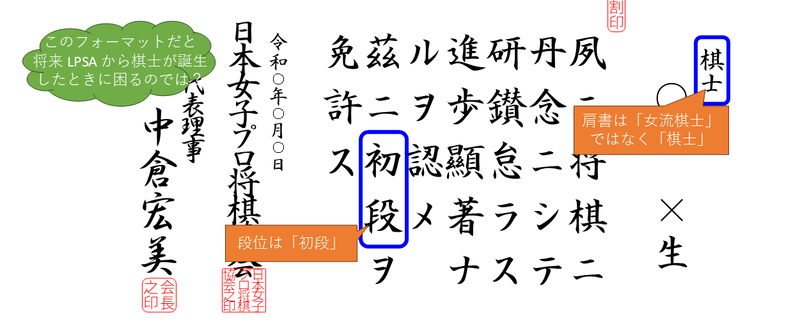 磯谷祐維女流初段の免状のフォーマットの図
