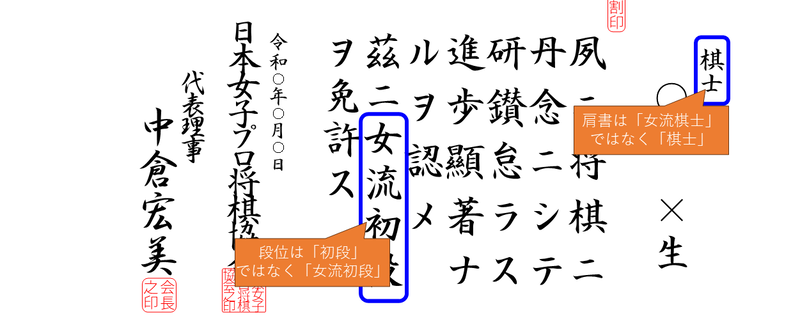 堀彩乃女流初段の免状のフォーマットの図