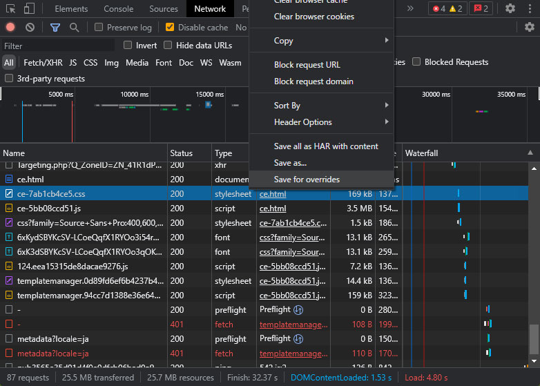 Networksタブを開いてCtrl+Rで再読込、スタイルシートを右クリックしてSave for overrides